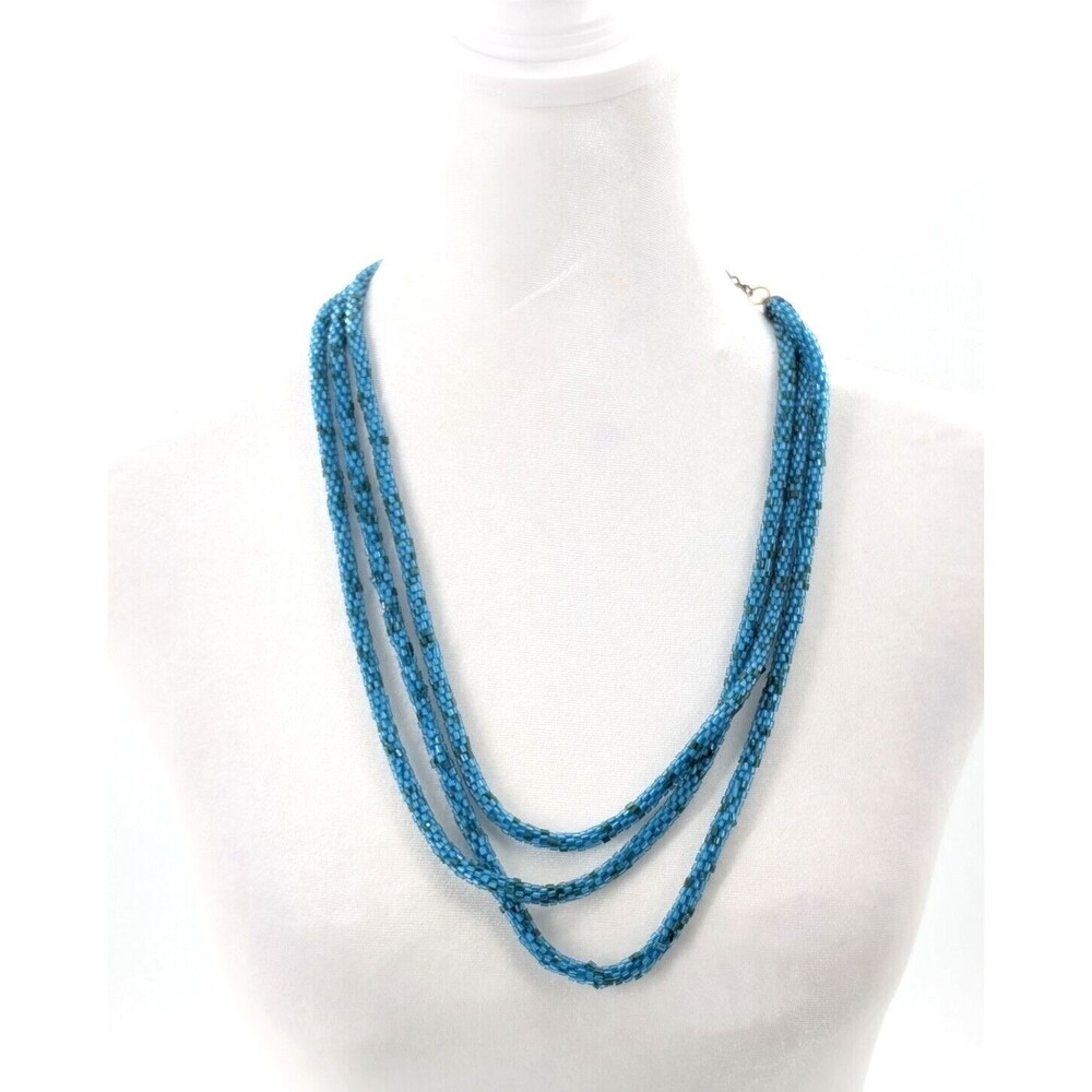 Triple Layered Snakeskin Look Turquoise Seed Bead Boho Statement Necklace